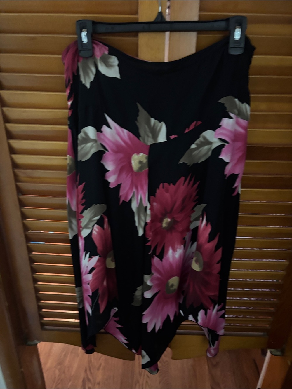 Black A-Line Floral Midi Skirt with Pink Bloom Print